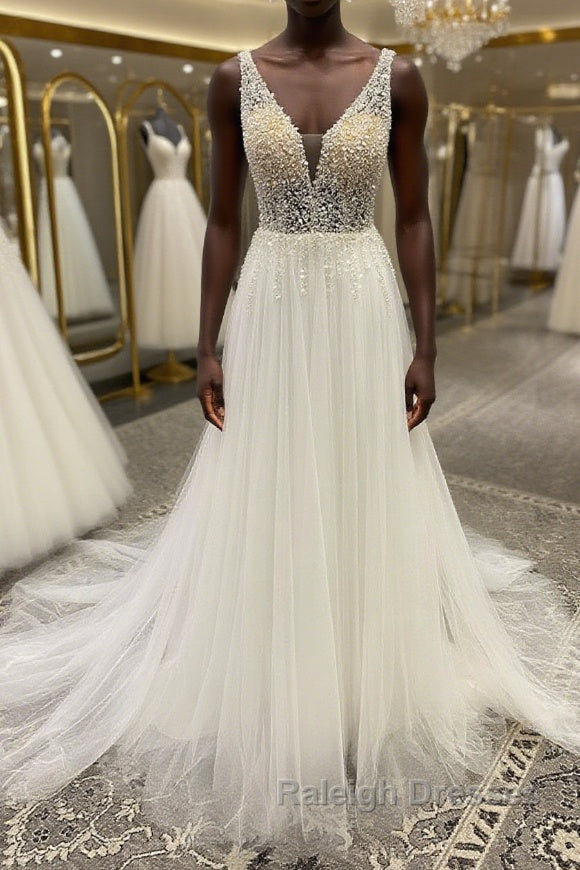 White v neck tulle sequin beads long prom dress, A line evening dress