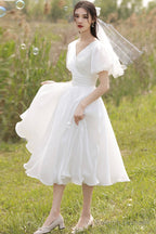 White V-Neck Tulle Short Prom Dress, Cute A-Line Evening Party Dress