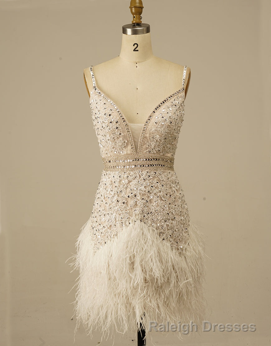 Gorgeous White Spaghetti Straps Beaded Homecoming Dress With Feather