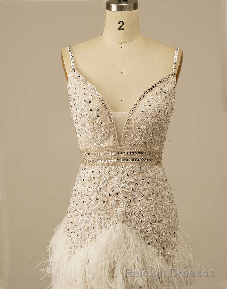 Gorgeous White Spaghetti Straps Beaded Homecoming Dress With Feather Main image