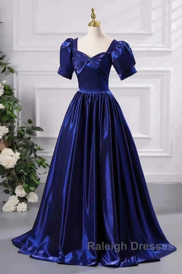 Wholesale Blue Satin Floor Length Prom Dress A-Line Short Sleeve Backless Evening Party Dress