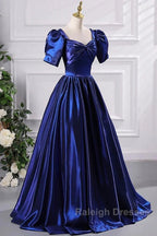 Wholesale Blue Satin Floor Length Prom Dresses A-Line Short Sleeve Backless Prom Dresses