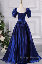 Wholesale Blue Satin Floor Length Prom Dresses A-Line Short Sleeve Backless Prom Dresses
