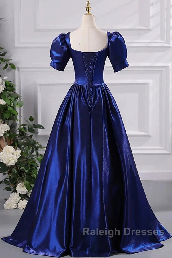 Wholesale Blue Satin Floor Length Prom Dresses A-Line Short Sleeve Backless Prom Dresses