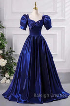 Wholesale Blue Satin Floor Length Prom Dresses A-Line Short Sleeve Backless Prom Dresses