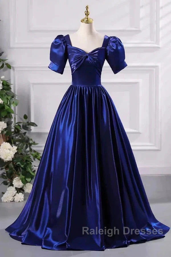 Wholesale Blue Satin Floor Length Prom Dresses A-Line Short Sleeve Backless Prom Dresses