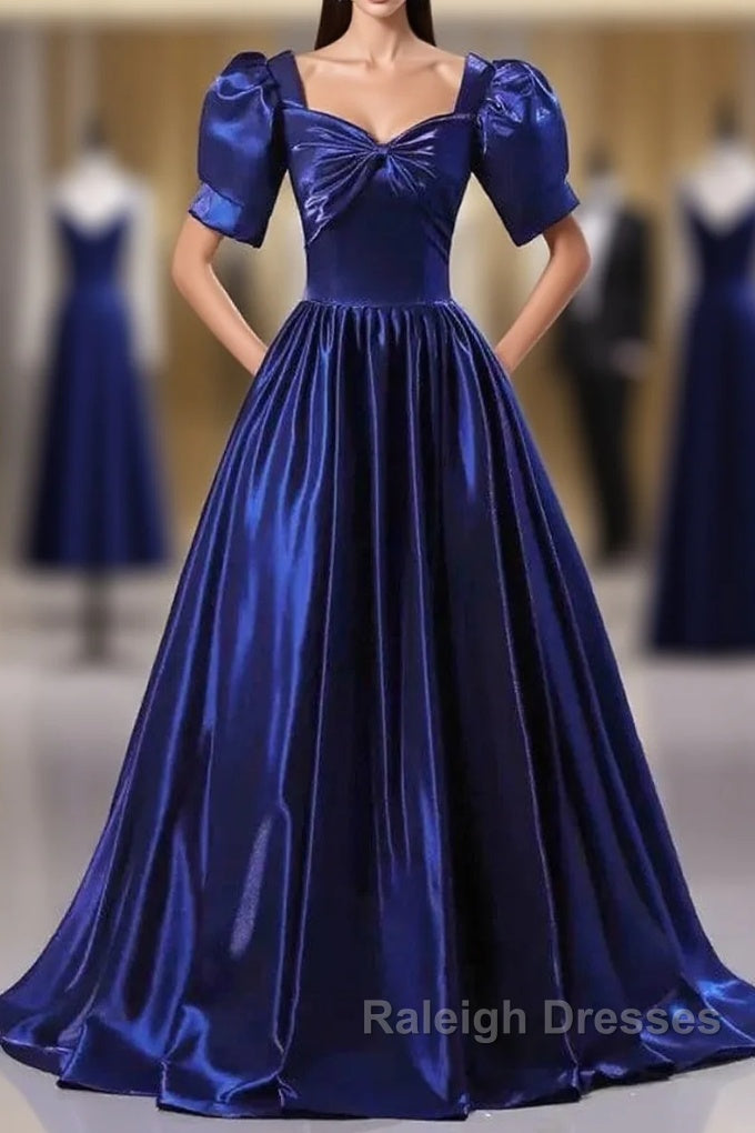 Wholesale Blue Satin Floor Length Prom Dress A-Line Short Sleeve Backless Evening Party Dress Main image