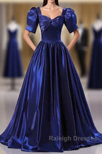 Wholesale Blue Satin Floor Length Prom Dresses A-Line Short Sleeve Backless Prom Dresses