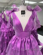 Wholesale Dark Purple Princess A-Line Deep V-Neck Long Tiered Prom Party Dress Prom Clothing