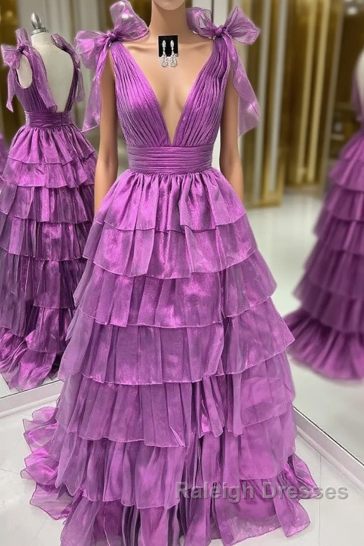 Wholesale Dark Purple Princess A-Line Deep V-Neck Long Tiered Prom Party Dress Prom Clothing