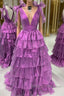 Wholesale Dark Purple Princess A-Line Deep V-Neck Long Tiered Prom Party Dress Prom Clothing