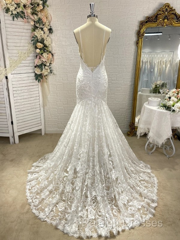 Wholesale Trumpet/Mermaid V-Neck Sleeveless Lace Applique Sweep/Brush Train Wedding Dress