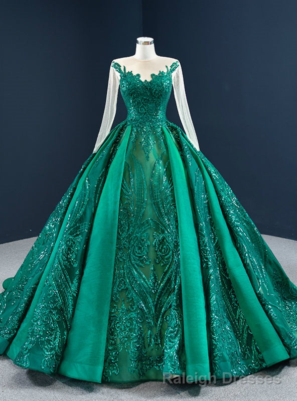 Wide Range Of Green Sequins Satin Long Sleeve Scoop Pleats Prom Dress Main image