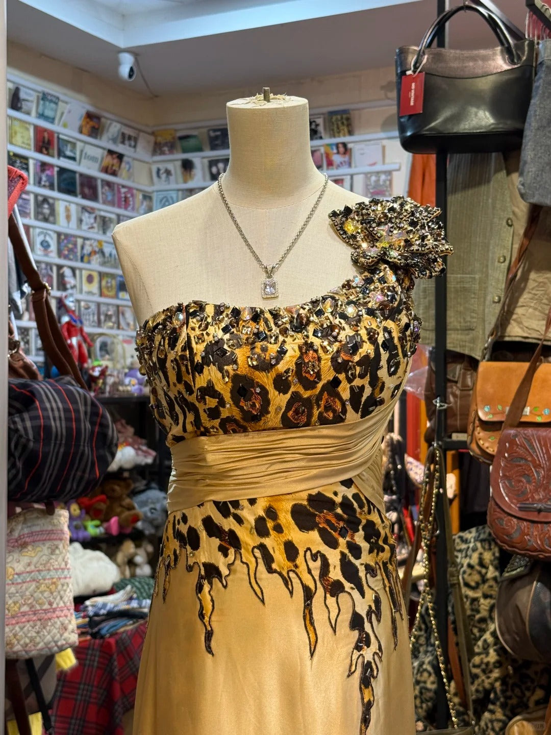 Wild Gold-Brown Leopard Print One-Shoulder Satin Long Formal Prom Dress