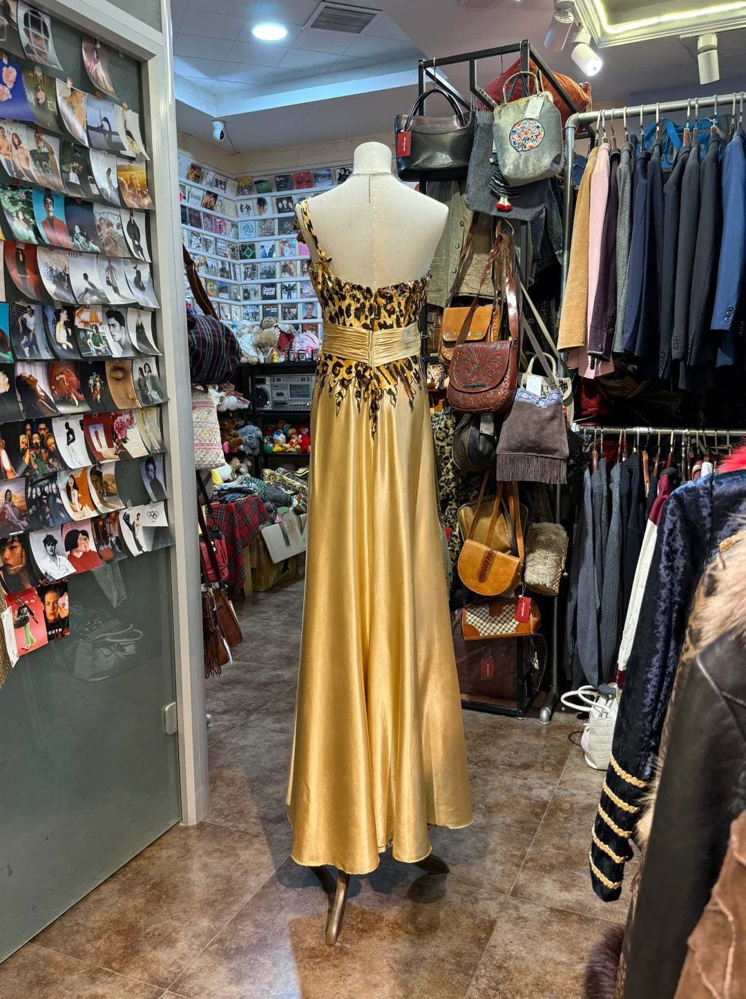 Wild Gold-Brown Leopard Print One-Shoulder Satin Long Formal Prom Dress