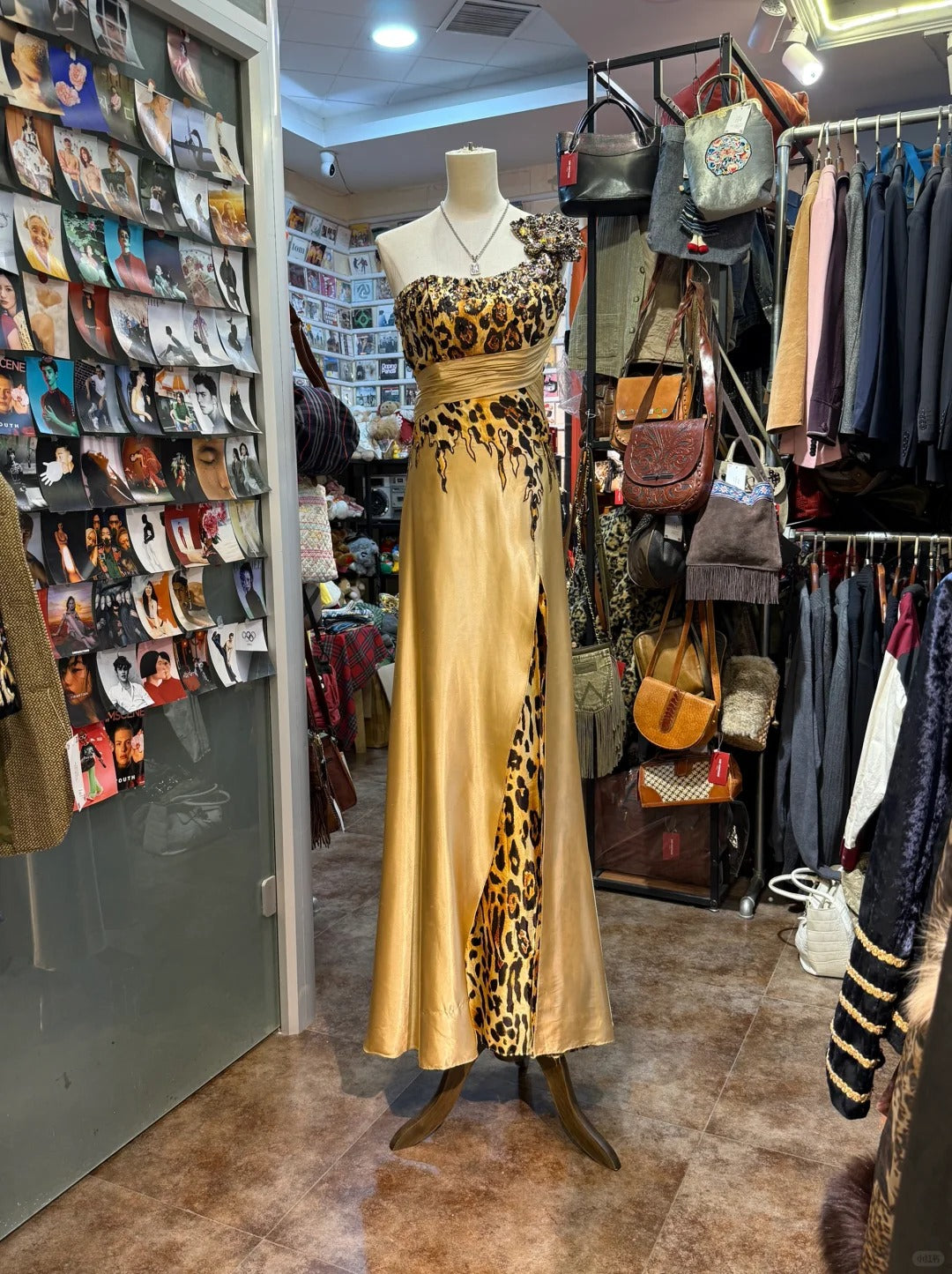 Wild Gold-Brown Leopard Print One-Shoulder Satin Long Formal Prom Dress Main image