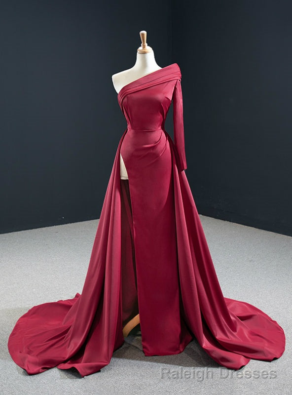 Will Be Available For Purchase Burgundy Mermaid Satin One Shoulder Long Sleeve Pleats Prom Dress Main image