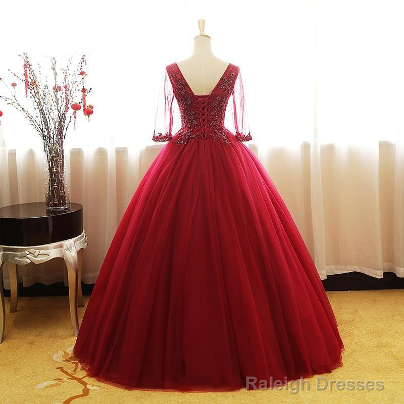 Wine Red 1/2 Sleeves Tulle Formal Gown ,Long Party Dress Secondary image