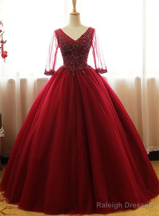 Wine Red 1/2 Sleeves Tulle Formal Gown ,Long Party Dress Main image