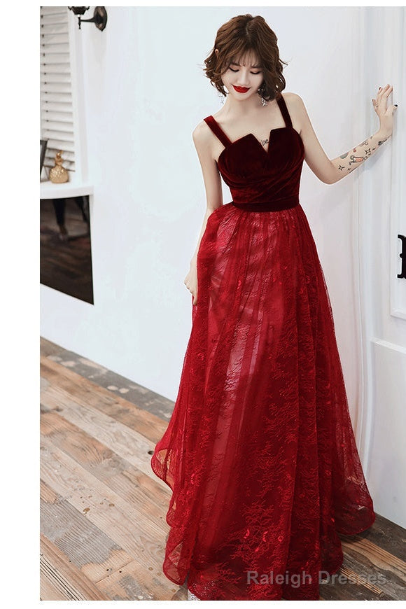 Wine Red A-Line Floor Length Velvet And Tulle Straps  Evening Dress Prom Dress Secondary image