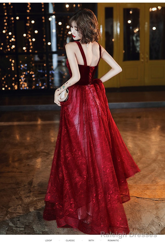 Wine Red A-Line Floor Length Velvet And Tulle Straps  Evening Dress Prom Dress