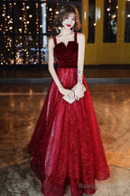 Wine Red A-Line Floor Length Velvet And Tulle Straps  Evening Dress Prom Dress