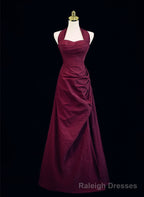 Wine Red A-Line Halter Vintage Style Prom Dress, Wine Red Long Evening Dress