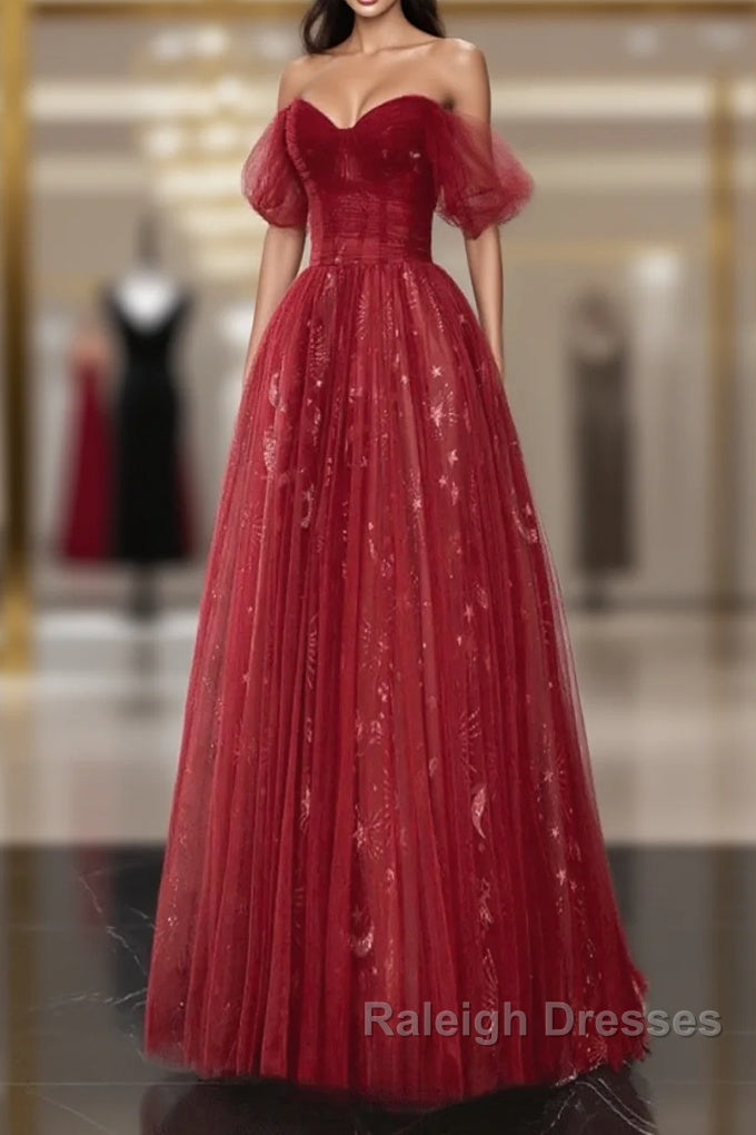 Wine Red A-Line Tulle Sweetheart Floor Length Party Dress, Wine Red Tulle Prom Dress Main image