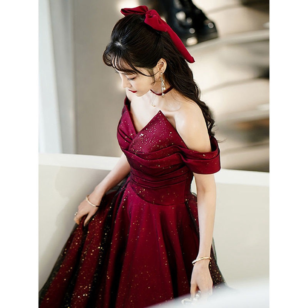Wine Red And Black Off Shoulder Satin Party Dress, Red And Black Long Evening Dress