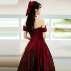 Wine Red And Black Off Shoulder Satin Party Dress, Red And Black Long Evening Dress