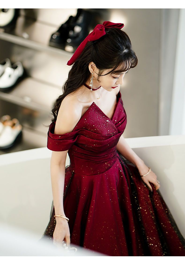 Wine Red And Black Off Shoulder Satin Party Dress, Red And Black Long Evening Dress