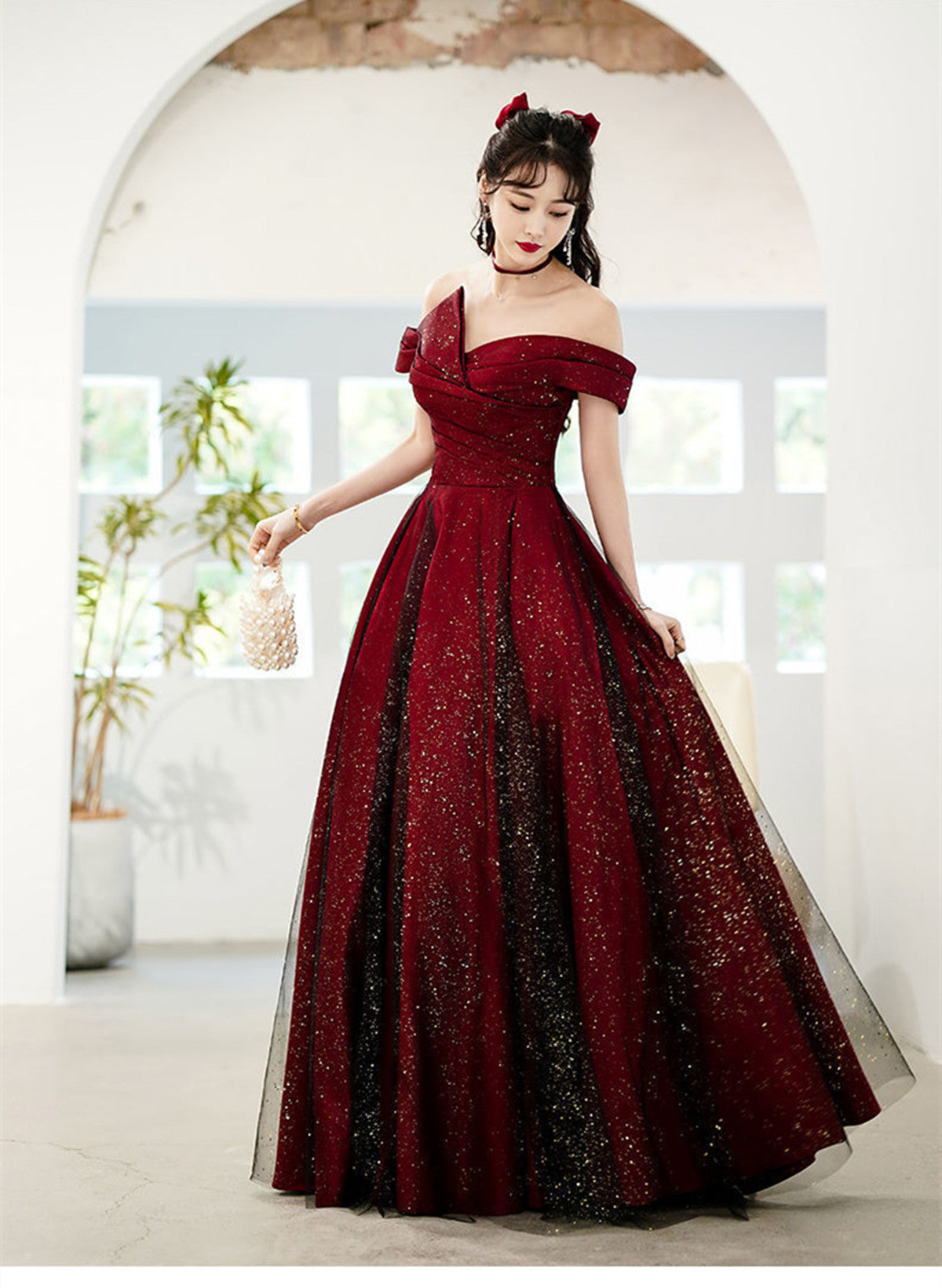 Wine Red And Black Off Shoulder Satin Party Dress, Red And Black Long Evening Dress