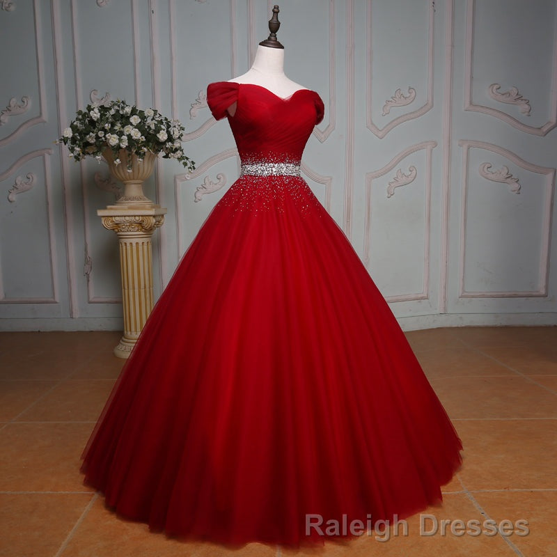 Wine Red Ball Gown Off Shoulder Beaded Party Dress, Tulle Off Shoulder Prom Dress Main image