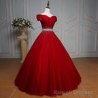 Wine Red Ball Gown Off Shoulder Beaded Party Dress, Tulle Off Shoulder Prom Dress