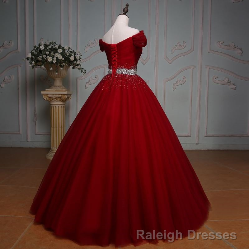 Wine Red Ball Gowns Off Shoulder Beaded Prom Dress, Tulle Off Shoulder Prom Dress