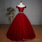 Wine Red Ball Gown Off Shoulder Beaded Party Dress, Tulle Off Shoulder Prom Dress
