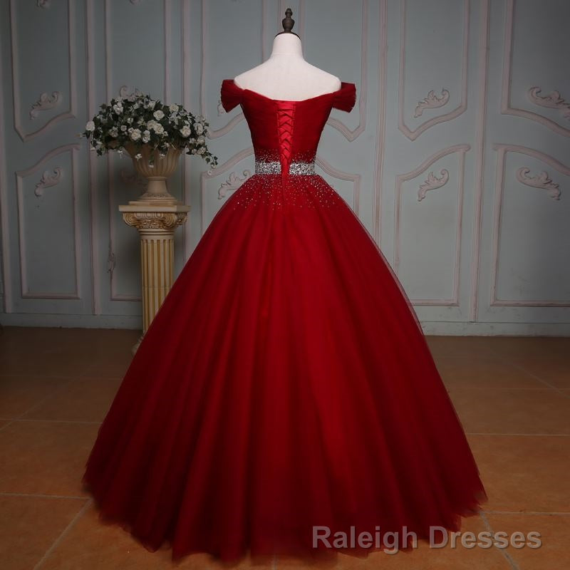 Wine Red Ball Gown Off Shoulder Beaded Party Dress, Tulle Off Shoulder Prom Dress