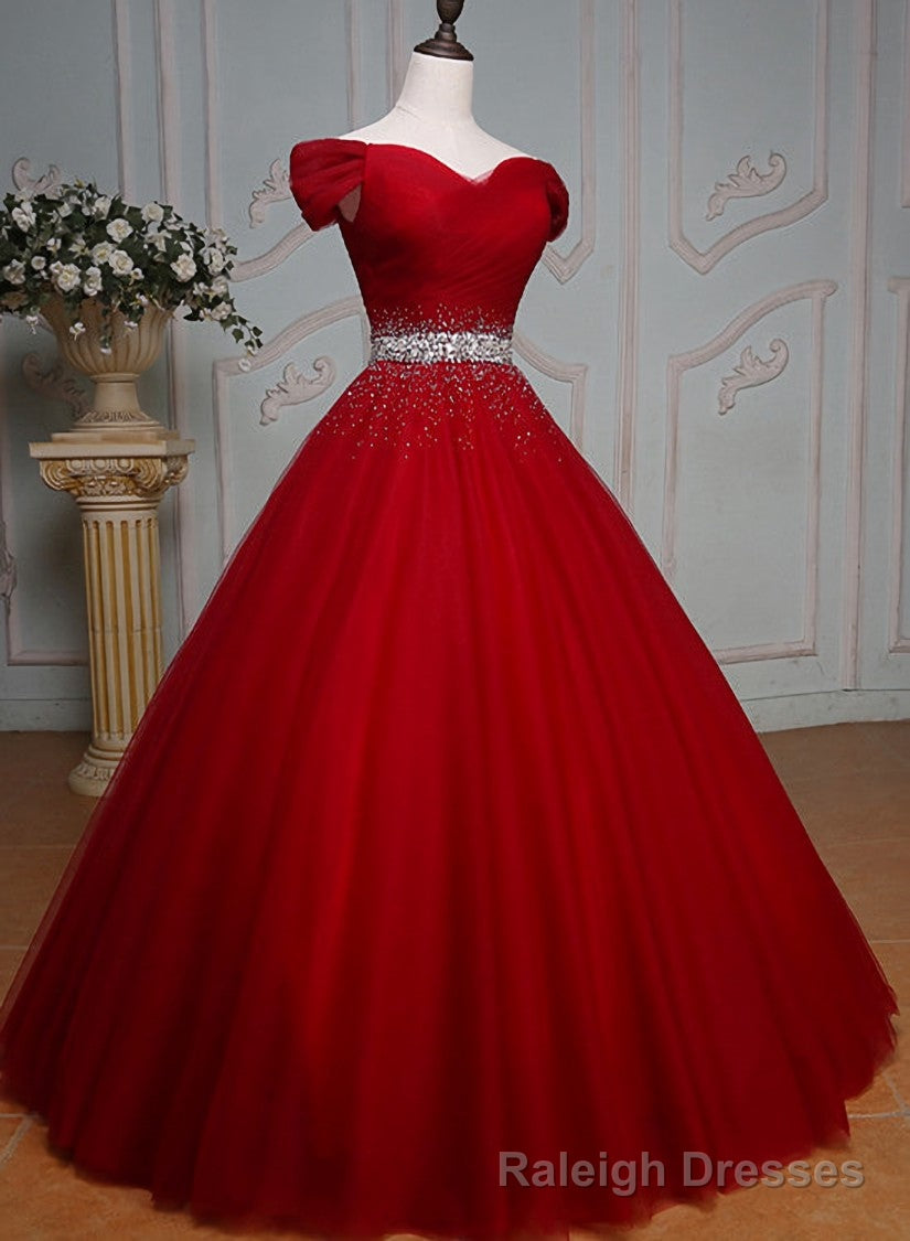 Wine Red Ball Gowns Off Shoulder Beaded Prom Dress, Tulle Off Shoulder Prom Dress Secondary image