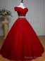 Wine Red Ball Gowns Off Shoulder Beaded Prom Dress, Tulle Off Shoulder Prom Dress
