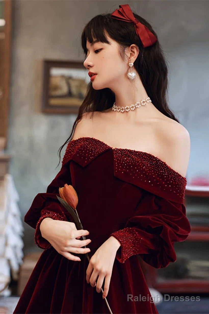 Wine Red Beaded Puffy Sleeves Long Formal Dress, Wine Red Velvet A-Line Party Dress
