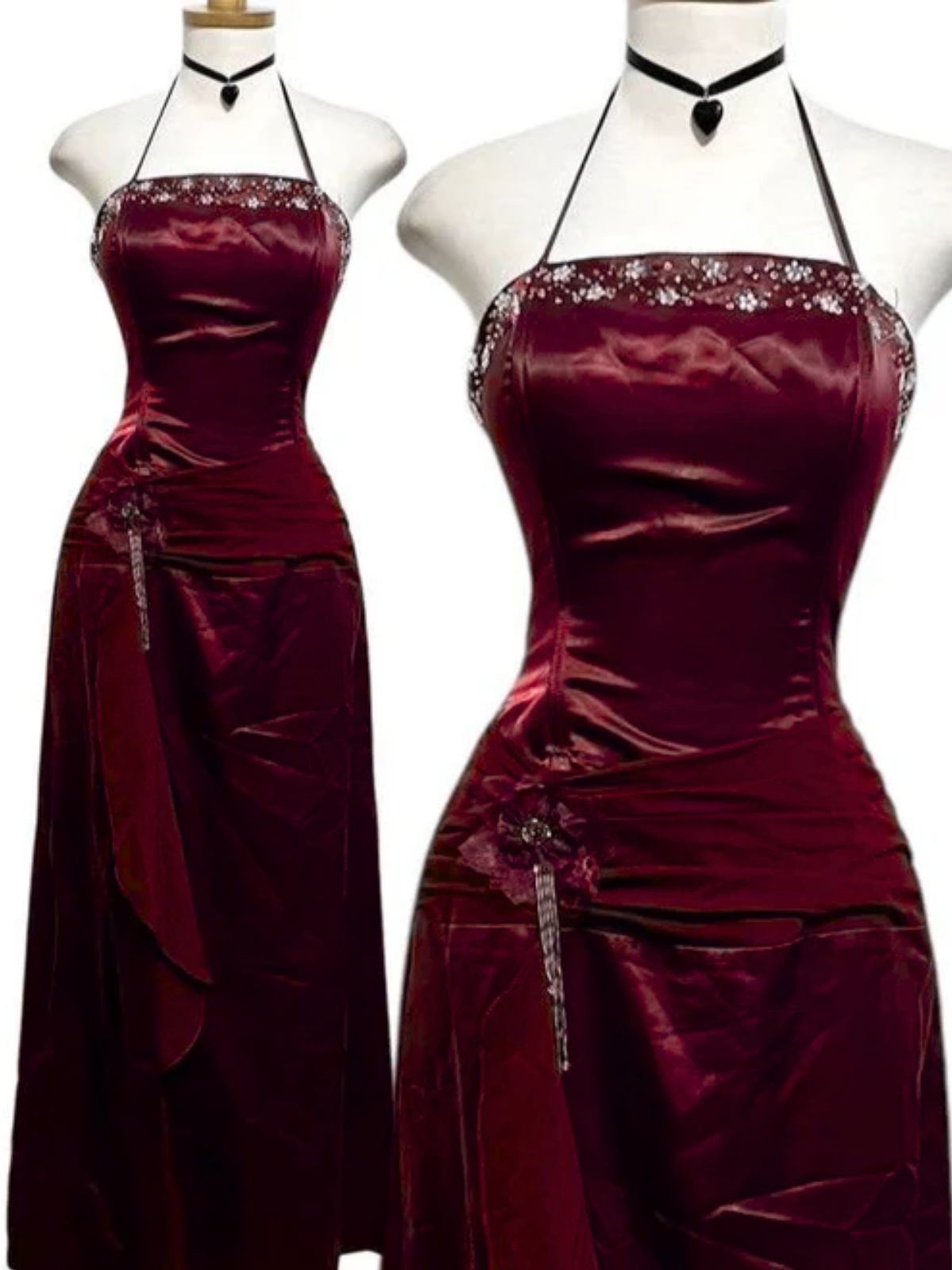 Wine Red Beaded Scoop Halter Satin Long Prom Dress, Wine Red Satin Evening Formal Dress Secondary image