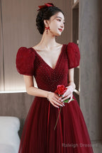 Wine Red Beaded Short Sleeves Tulle Party Dress, Wine Red A-Line Long Prom Dress