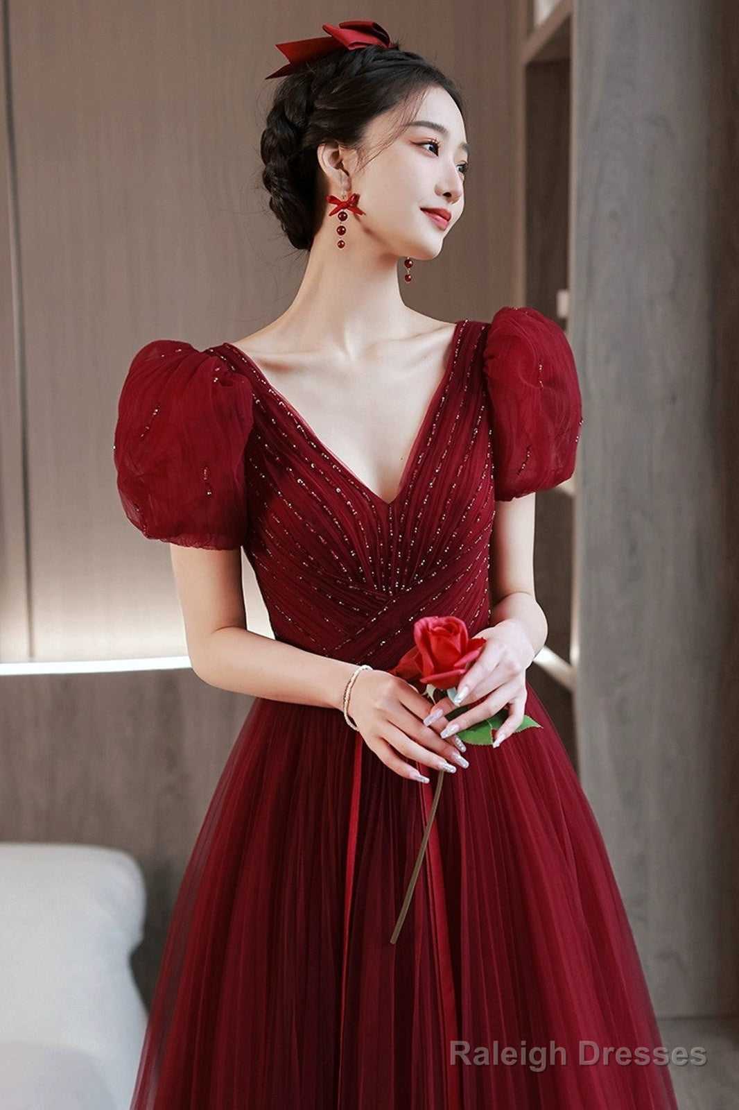 Wine Red Beaded Short Sleeves Tulle Party Dress, Wine Red A-Line Long Prom Dress