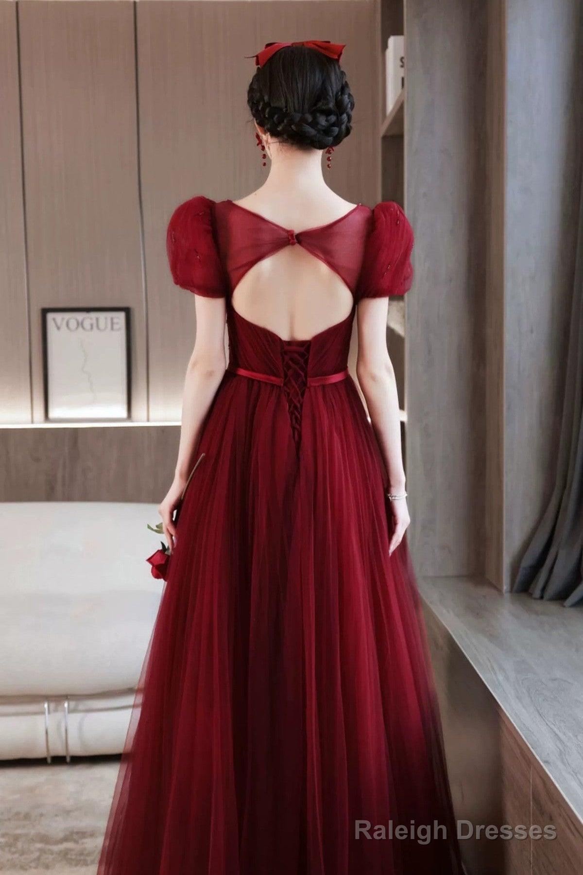 Wine Red Beaded Short Sleeves Tulle Party Dress, Wine Red A-Line Long Prom Dress