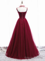 Wine Red Beaded Straps Prom Dress, Beaded Tulle Formal Dress