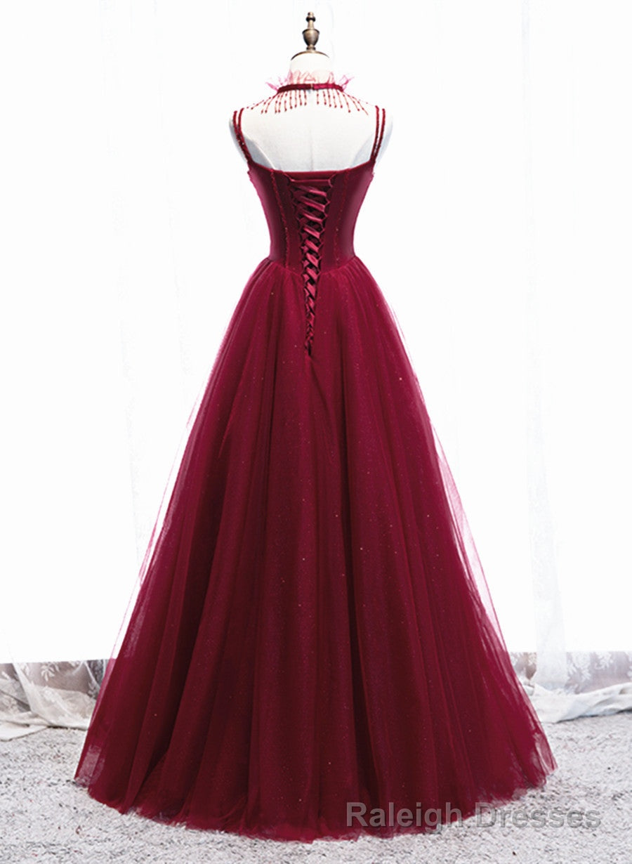 Wine Red Beaded Straps Prom Dress, Beaded Tulle Formal Dress