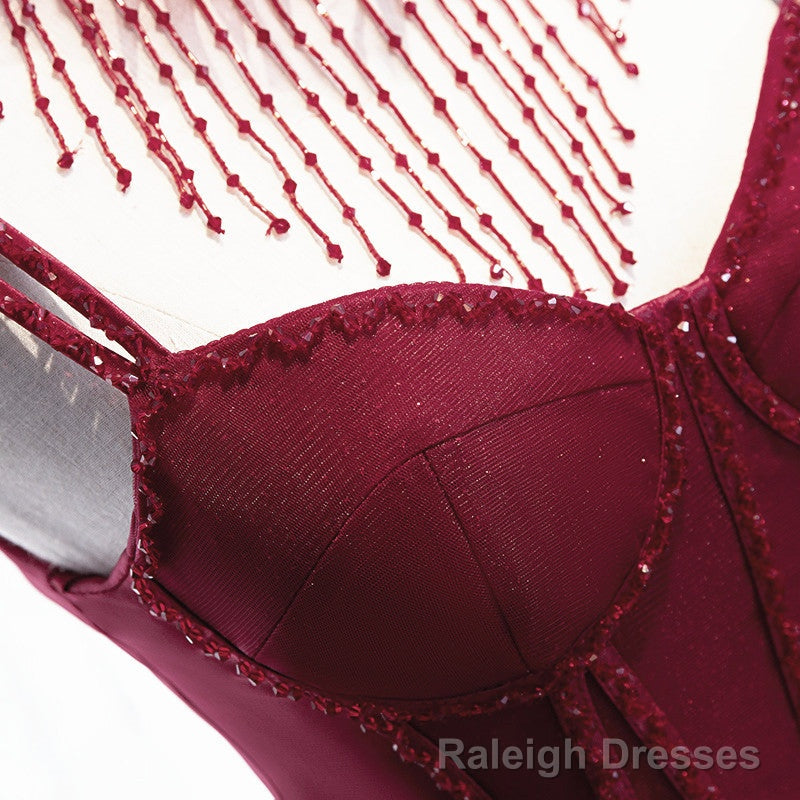 Wine Red Beaded Straps Party Dress Prom Dress, Beaded Tulle Formal Dress