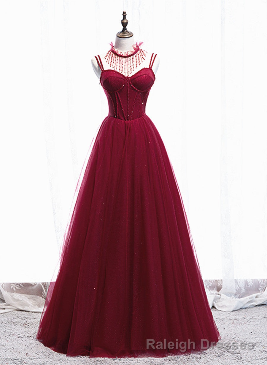Wine Red Beaded Straps Prom Dress, Beaded Tulle Formal Dress Secondary image