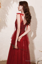 Wine Red Beaded Straps V-Neckline Floor Length Party Dress, Wine Red Long Prom Dress