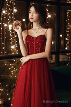 Wine Red Beaded Sweeteart Tulle Straps Long Evening Dress, Wine Red Prom Dresses